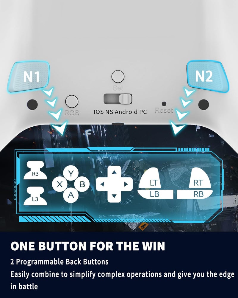 Bcofo Wireless Mobile Game Controller for iOS/iPhone/Android/Cell Phone/Switch/Laptop, Gaming Gamepad with Phone Clip for Gamers, Hall Effect Triggers, Wired PC Control, with RGB LED Lighting/Vibration/6-Axis Gyro/Turbo (White) - Image 4